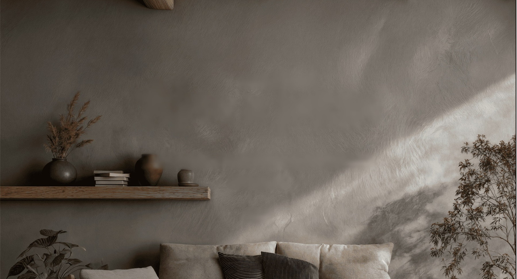 Sala con muro de cal y luz de la tarde
